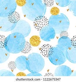 Seamless dotted pattern with blue watercolor circles. Vector abstract background.