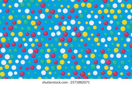 Seamless dotted pattern with colorful circles, ideal for textile fabrics, wallpaper, or abstract backgrounds. A trendy geometric design for creative decor.