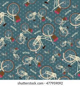 Seamless dotted pattern with detailed bicycles with a basket on the handlebars. Green background