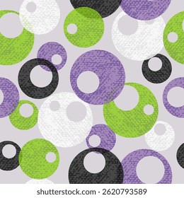 Seamless dotted pattern with green, black and lilac circles. Vector abstract background with round shapes
