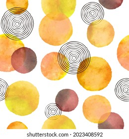 Seamless dotted pattern with orange watercolor circles. Vector abstract geometric background