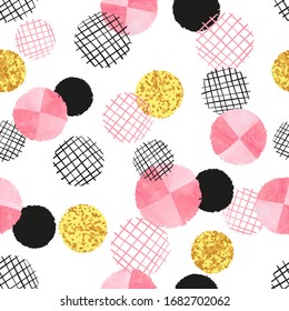 Seamless dotted pattern with pink, black and golden circles. Vector abstract geometric background with round shapes.