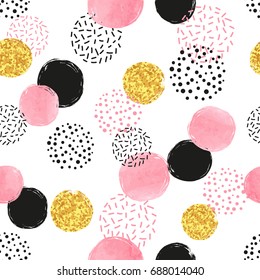 Seamless dotted pattern with pink, black and golden circles. Vector abstract background with round shapes.