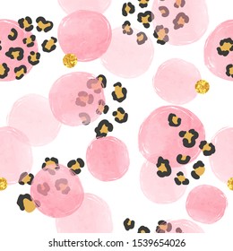 Seamless dotted pattern with pink  circles and leopard print. Vector abstract background with watercolor shapes.	