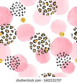 Seamless dotted pattern with pink circles and leopard print. Vector abstract background with watercolor shapes.