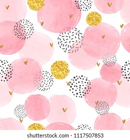 Seamless dotted pattern with pink and golden circles. Vector abstract background with watercolor shapes.