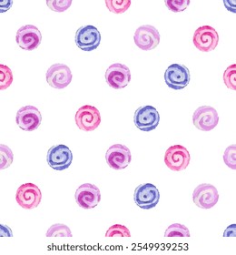 Padrão pontilhado sem costura com círculos de aquarela rosa e roxo. Plano de fundo de ponto polka vetorial