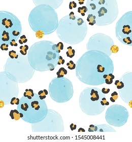 Seamless dotted pattern with watercolor blue circles and leopard print.