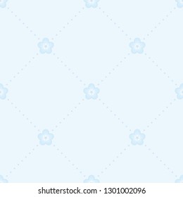 Seamless dotted rhombus pattern with small baby blue flowers on soft bluish background. Repeat delicate botanical pattern. Vector illustration.