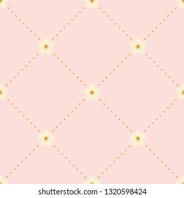 Seamless dotted rhombus pattern with small soft yellow flowers with orange core on baby pink background. Repeat delicate botanical pattern. Vector illustration.