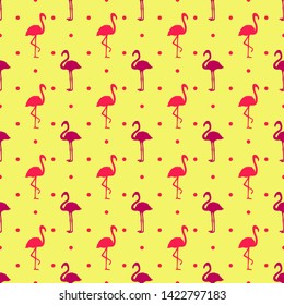 Seamless dotted wallpaper with flamingos. Cartoon birds. Print for polygraphy, shirts and textiles. Abstract texture. Pattern for design. Colorful illustration