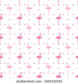 Seamless dotted wallpaper with flamingos. Cartoon birds. Print for polygraphy, shirts and textiles. Abstract texture. Pattern for design. Colorful illustration