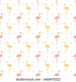 Seamless dotted wallpaper with flamingos. Cartoon birds. Print for polygraphy, shirts and textiles. Abstract texture. Pattern for design. Colorful illustration