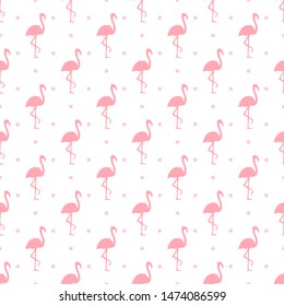 Seamless dotted wallpaper with flamingos. Cartoon birds. Print for polygraphy, shirts and textiles. Abstract texture. Pattern for your design