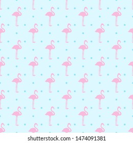 Seamless dotted wallpaper with flamingos. Cartoon birds. Print for polygraphy, shirts and textiles. Abstract texture. Pattern for your design