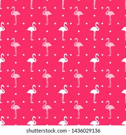 Seamless dotted wallpaper with flamingos. Hand drawn cartoon birds. Print for polygraphy, shirts and textiles. Colored texture. Pattern for your design