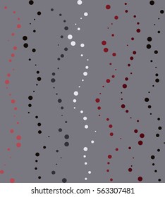 Seamless dotted wavy pattern. Texture of points, spots symbols. Curly lines, dot signs. Abstract rain, snow. Winter theme, dress design. Gray, red figures on dark background. Vector