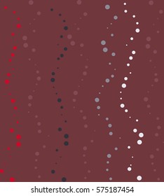 Seamless dotted wavy pattern. Texture of points, spots symbols. Curly lines, dot signs. Abstract rain, snow. Winter theme, dress design. Red, white, gray silhouettes on vinous background. Vector