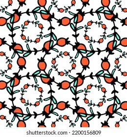 seamless double diamond pattern of red berries and turquoise leaves. a pattern of geometrically arranged round wreaths of hand-drawn branches in the style of doodles with red berries and green leaves 