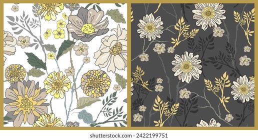 Seamless double floral vector trendy pattern fashion drawing, hand drawn picture for fabric design, decor, ceramics, greeting cards, flowers, texture print on dark backgrounds