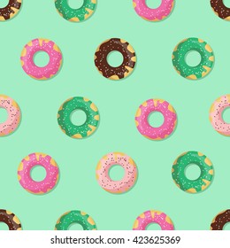 Seamless doughnut or donut pattern in mint green background. Design for cards, menu, textile, fabric. Glazed sweets with chocolate, vanilla, strawberry and mint cream