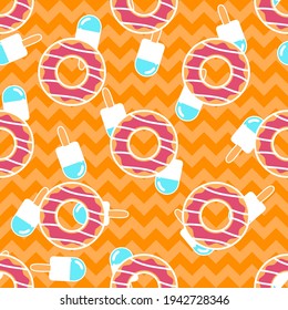 Seamless doughnut and ice lolly vector pattern. Repeat donut background with snack food elements. Trendy orange chevron summer fashion print design. Modern illustration.