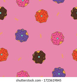 Seamless doughnut pattern memphis retro vintage in flat vector style illustration