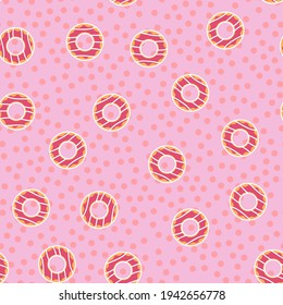 Seamless doughnut vector pattern. Repeat donut background with snack food elements. Trendy pink polka dot summer fashion print design. Modern illustration.