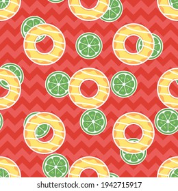 Seamless doughnut vector pattern. Repeat yellow donut background with snack food elements. Trendy red chevron summer fashion print design. Modern illustration.