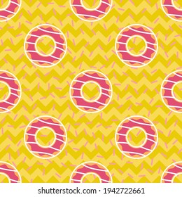 Seamless doughnut vector pattern. Repeat pink donut background with snack food elements. Trendy yellow chevron summer fashion print design. Modern illustration.