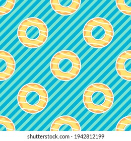 Seamless doughnut vector pattern. Repeat donut background with snack food elements. Trendy ocean blue stripe summer fashion print design. Modern illustration.