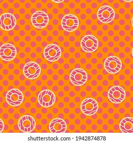 Seamless doughnut vector pattern. Repeat donut background with snack food elements. Trendy orange polka dot summer fashion print design. Modern illustration.