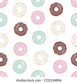 Seamless doughnuts with icing pattern. Background for cafes, restaurants texture Design for menu, booklet, banner, website. Vector illustration.