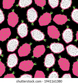 seamless dragon fruit pattern. black background. ripe dragon fruit. vector texture. trend print for textiles and wallpaper.
