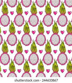 Seamless dragon fruit pattern. Tiled pitaya tropical texture background. 