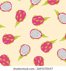 Patrón de fruta de dragón sin fisuras. Fondo de frutas tropicales. Ilustración de frutas exóticas tropicales perfectas para tela, papel de embalaje y embalaje