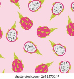 Patrón de fruta de dragón sin fisuras. Fondo de frutas tropicales. Ilustración de frutas exóticas tropicales perfectas para tela, papel de embalaje y embalaje