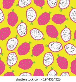 seamless dragon fruit pattern. yellow background. juicy dragon fruit. vector texture. bright print for textiles and wallpaper.