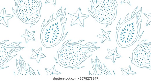 Fruta de dragão sem costura e padrão de starfruit em estilo de arte de linha monocromática em fundo branco, ideal para impressões têxteis tropicais, papéis de parede exóticos de cozinha e projetos de alimentos saudáveis.