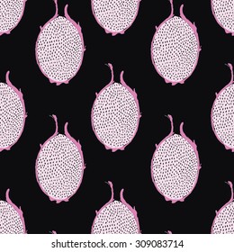 Seamless dragon fruit vector pattern on black background