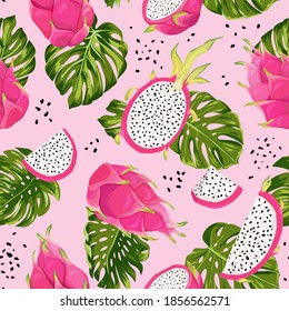 Seamless dragon fruits pattern, watercolor pitaya and monstera leaves background. Hand drawn summer tropic fruit texture. Vector illustration cover, tropical wallpaper, vintage backdrop