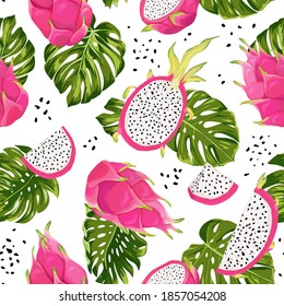 Seamless dragon fruits pattern, watercolor pitaya and monstera leaves background. Hand drawn summer tropic fruit texture. Vector illustration cover, tropical wallpaper, vintage backdrop