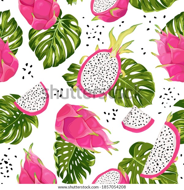 Seamless dragon fruits pattern, watercolor\
pitaya and monstera leaves background. Hand drawn summer tropic\
fruit texture. Vector illustration cover, tropical wallpaper,\
vintage backdrop
