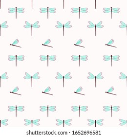 Seamless dragonflies on a white background. Hand drawn.  Vector illustration. Pattern for card, invitation, wrapping paper, textile fabric 