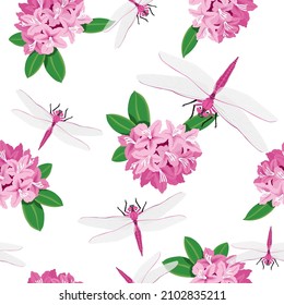 Seamless dragonfly and flowers pattern.Vector spring print.