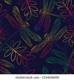 seamless dragonfly and leaf pattern. rainbow outline on dark background. 
vector illustration. EPS 10.
