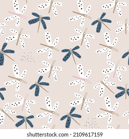 Seamless dragonfly pattern. Artistic childish texture with butterflies. Vector illustration