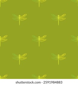  Seamless dragonfly pattern on a green background. Perfect for textiles, wallpapers, and decorative designs.