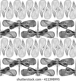 seamless  dragonfly pattern. vintage black and white background.