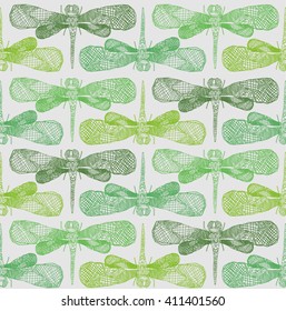 seamless  dragonfly pattern. vintage green background.